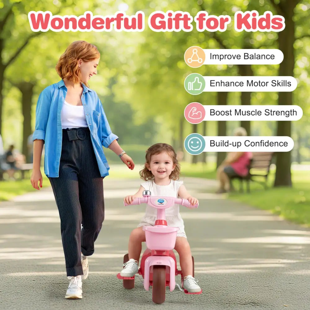 Toddler Tricycle with Limited Steering with Front Baskets and Bell-Pink - Pink - Push & Pedal Ride On Toys