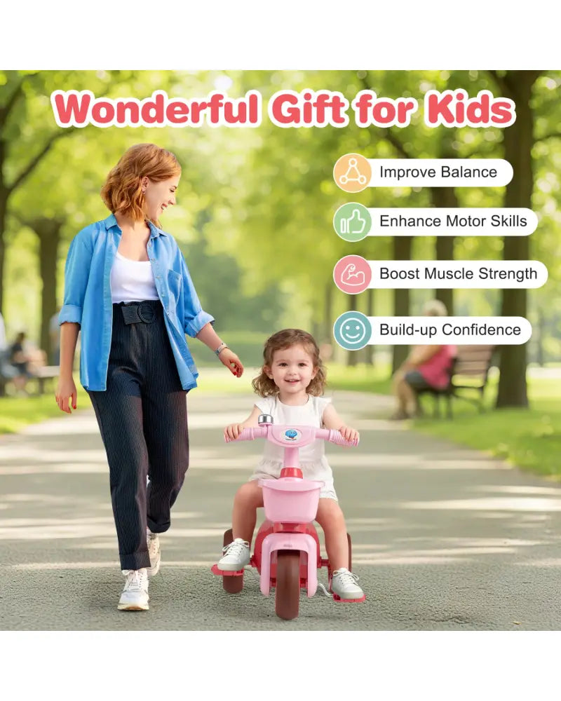 Toddler Tricycle with Limited Steering with Front Baskets and Bell-Pink - Pink - Push & Pedal Ride On Toys
