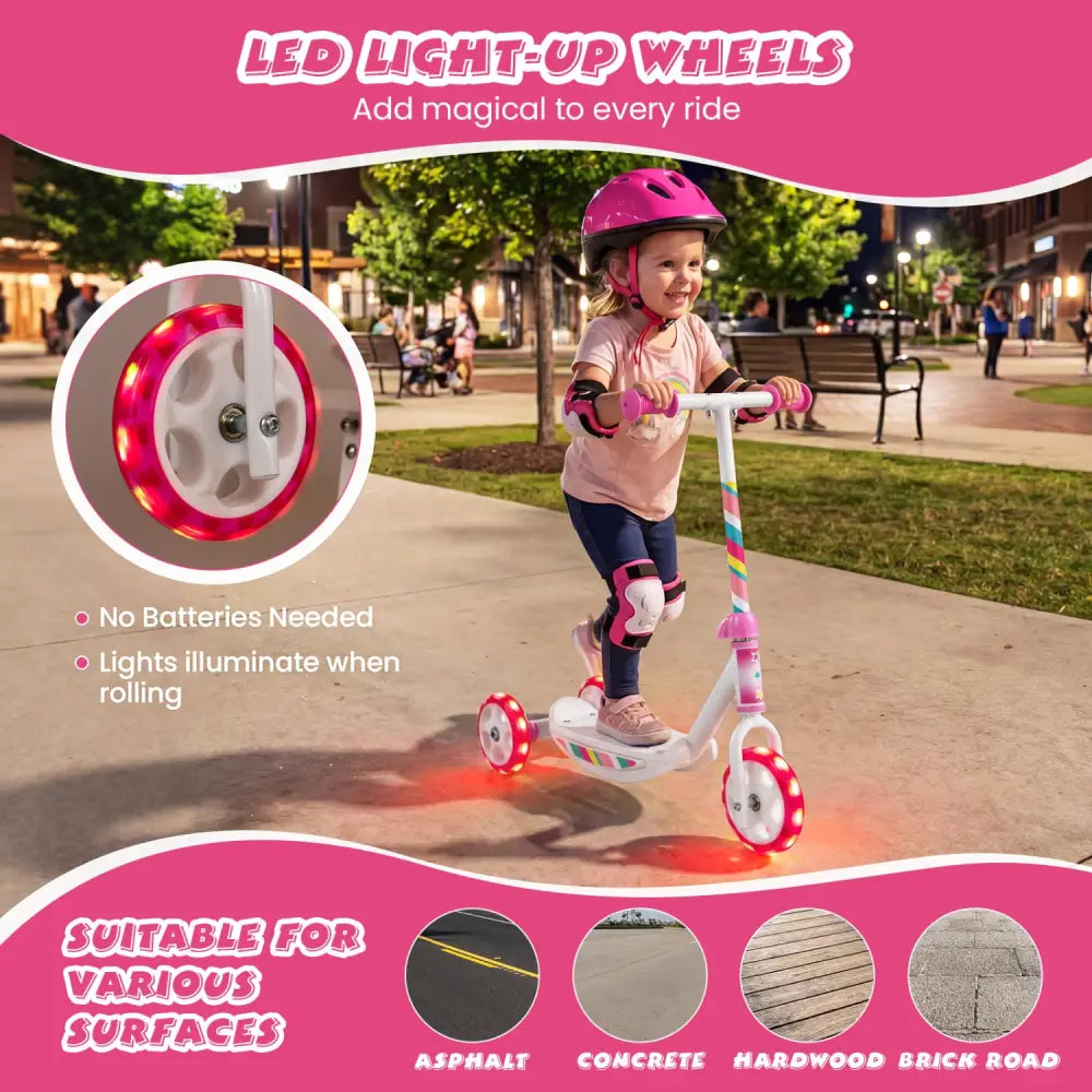 Toddlers Kick Scooter with LED Light-Up Wheels and Wide Anti-Slip Deck for Boys and Girls-Pink - Pink - Scooters