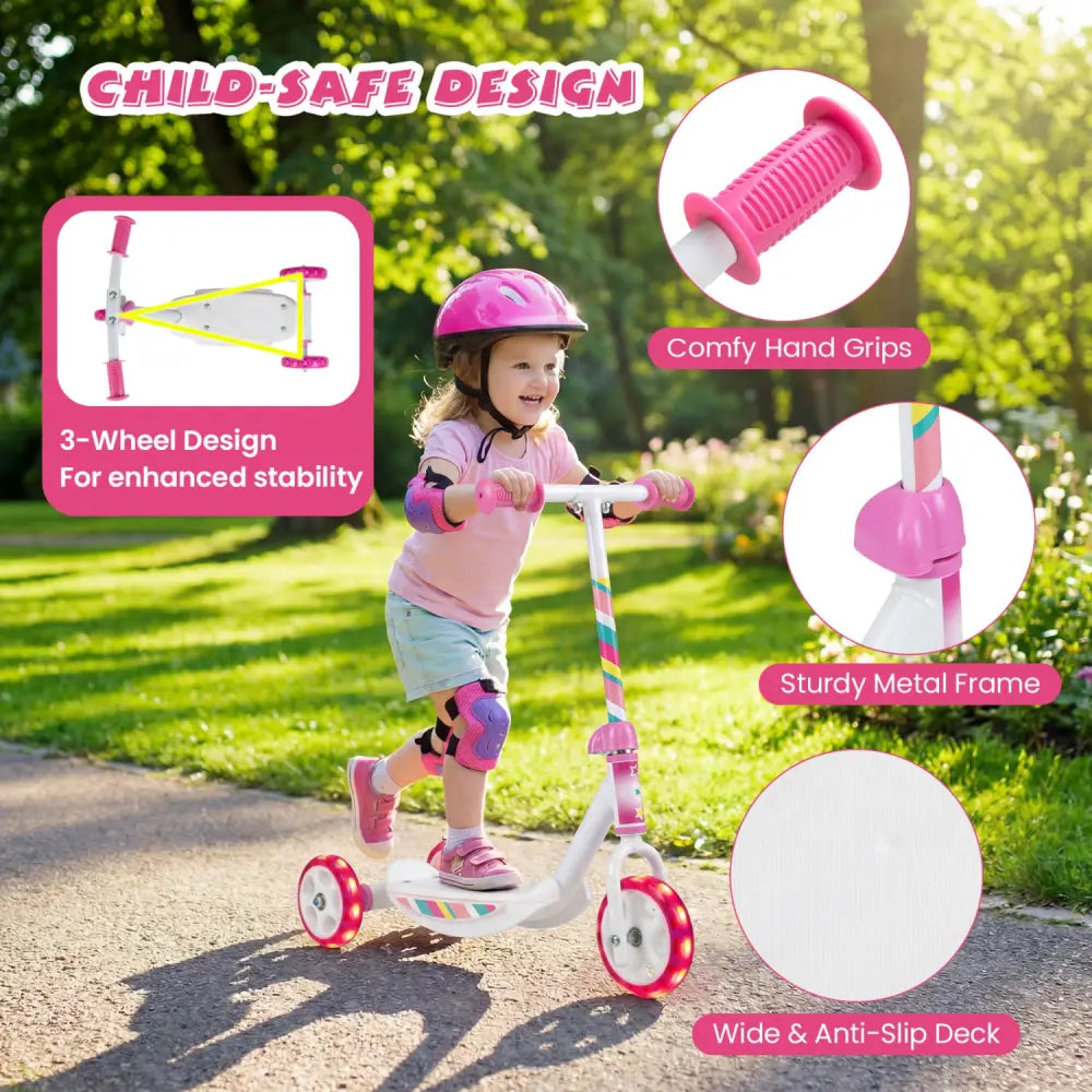 Toddlers Kick Scooter with LED Light-Up Wheels and Wide Anti-Slip Deck for Boys and Girls-Pink - Pink - Scooters