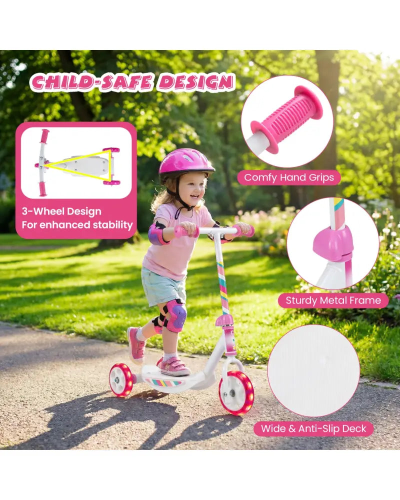Toddlers Kick Scooter with LED Light-Up Wheels and Wide Anti-Slip Deck for Boys and Girls-Pink - Pink - Scooters