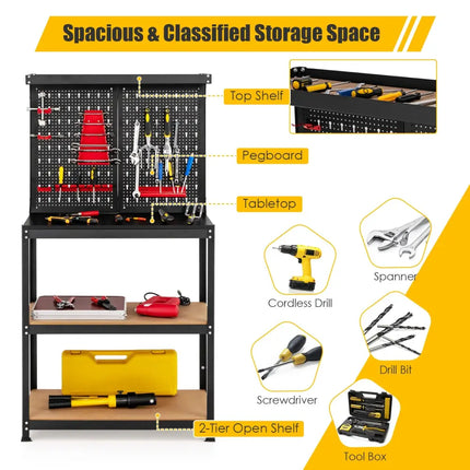 Tool Storage Workbench with Peg Board 2 Lower Shelves 14 Hanging Accessories-Black - Black - Garages