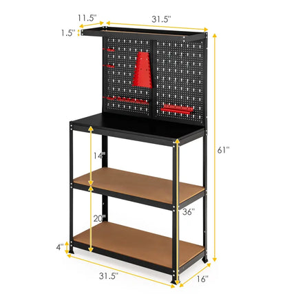 Tool Storage Workbench with Peg Board 2 Lower Shelves 14 Hanging Accessories-Black - Black - Garages