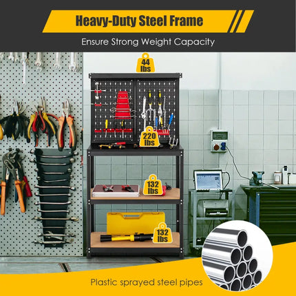 Tool Storage Workbench with Peg Board 2 Lower Shelves 14 Hanging Accessories-Black - Black - Garages