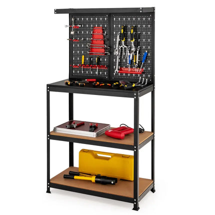Tool Storage Workbench with Peg Board 2 Lower Shelves 14 Hanging Accessories-Black - Black - Garages