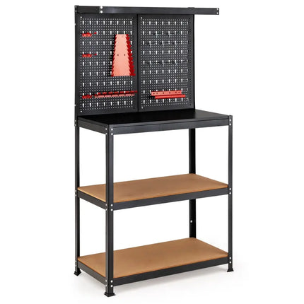 Tool Storage Workbench with Peg Board 2 Lower Shelves 14 Hanging Accessories-Black - Black - Garages