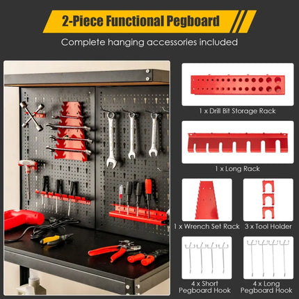 Tool Storage Workbench with Peg Board 2 Lower Shelves 14 Hanging Accessories-Black - Black - Garages