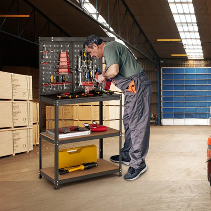 Tool Storage Workbench with Peg Board 2 Lower Shelves 14 Hanging Accessories-Black - Black - Garages