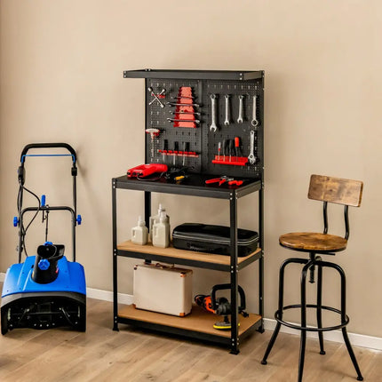 Tool Storage Workbench with Peg Board 2 Lower Shelves 14 Hanging Accessories-Black - Black - Garages
