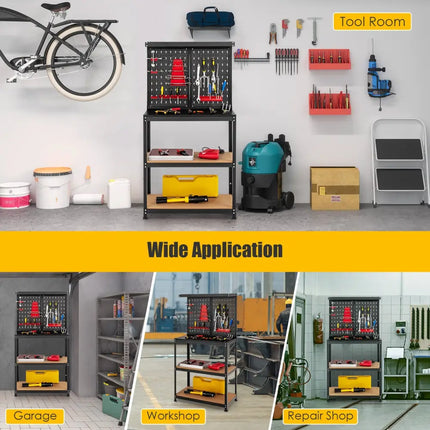 Tool Storage Workbench with Peg Board 2 Lower Shelves 14 Hanging Accessories-Black - Black - Garages