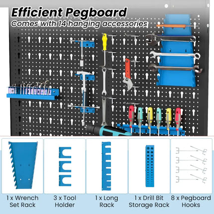 Tool Storage Workbench with Pegboard with 14 Hanging Accessories for Garage-Black and Blue - Blue - Garages