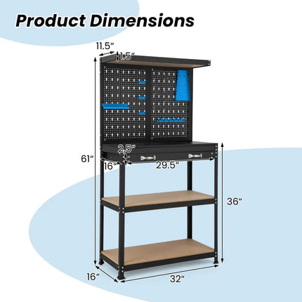 Tool Storage Workbench with Pegboard with 14 Hanging Accessories for Garage-Black and Blue - Blue - Garages