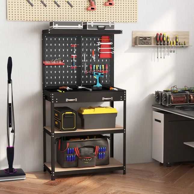 Tool Storage Workbench with Pegboard with 14 Hanging Accessories for Garage-Black and Red - Red - Garages
