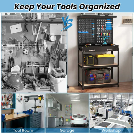 Tool Storage Workbench with Pegboard with 14 Hanging Accessories for Garage-Black and Blue - Blue - Garages