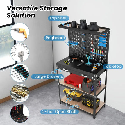 Tool Storage Workbench with Pegboard with 14 Hanging Accessories for Garage-Black and Blue - Blue - Garages