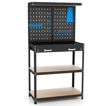 Tool Storage Workbench with Pegboard with 14 Hanging Accessories for Garage-Black and Blue - Blue - Garages