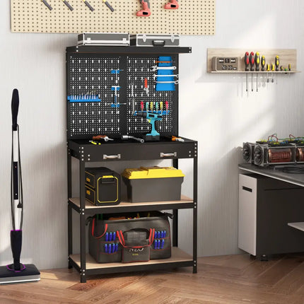 Tool Storage Workbench with Pegboard with 14 Hanging Accessories for Garage-Black and Blue - Blue - Garages