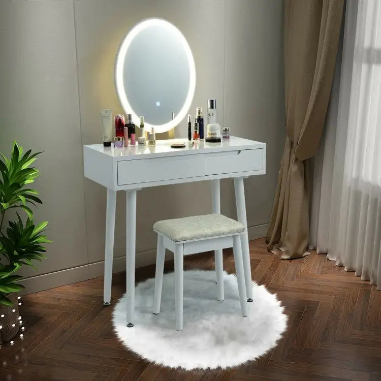 Touch Screen Vanity Makeup Table Stool Set - White - Oasis Home Essentials