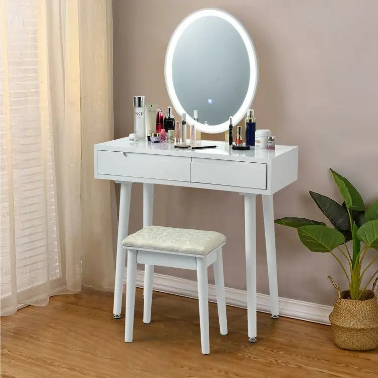 Touch Screen Vanity Makeup Table Stool Set - White - Oasis Home Essentials