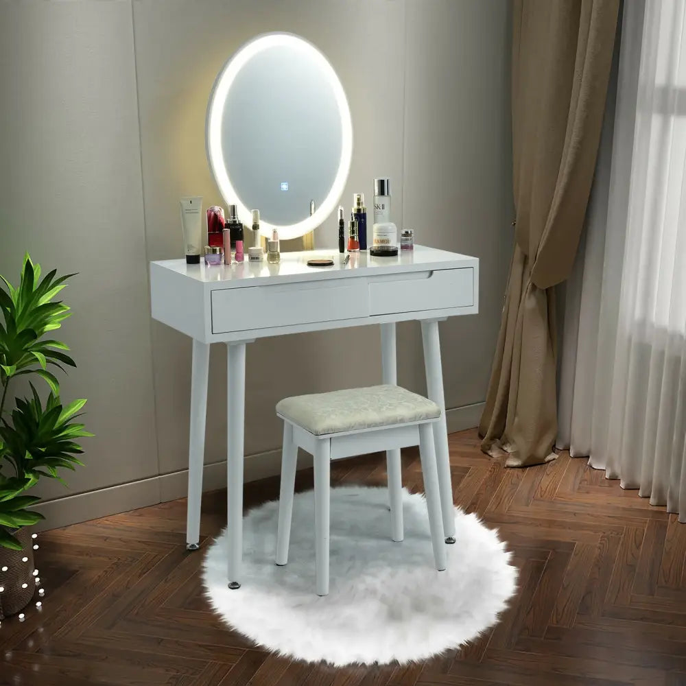 Touch Screen Vanity Makeup Table Stool Set-White - White - Makeup Vanities