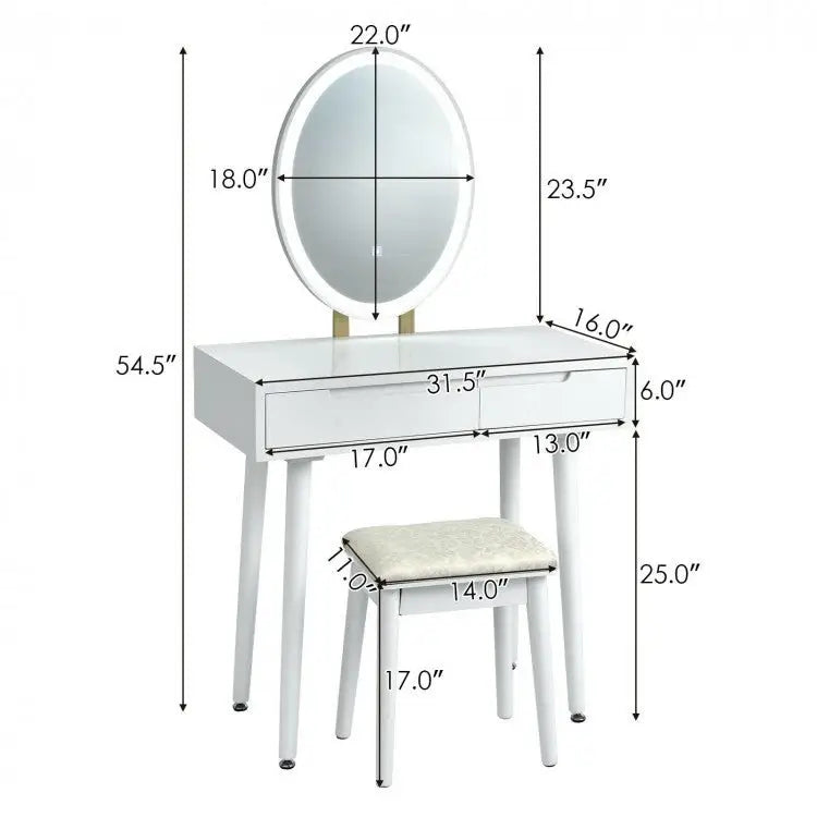 Touch Screen Vanity Makeup Table Stool Set - White - Oasis Home Essentials