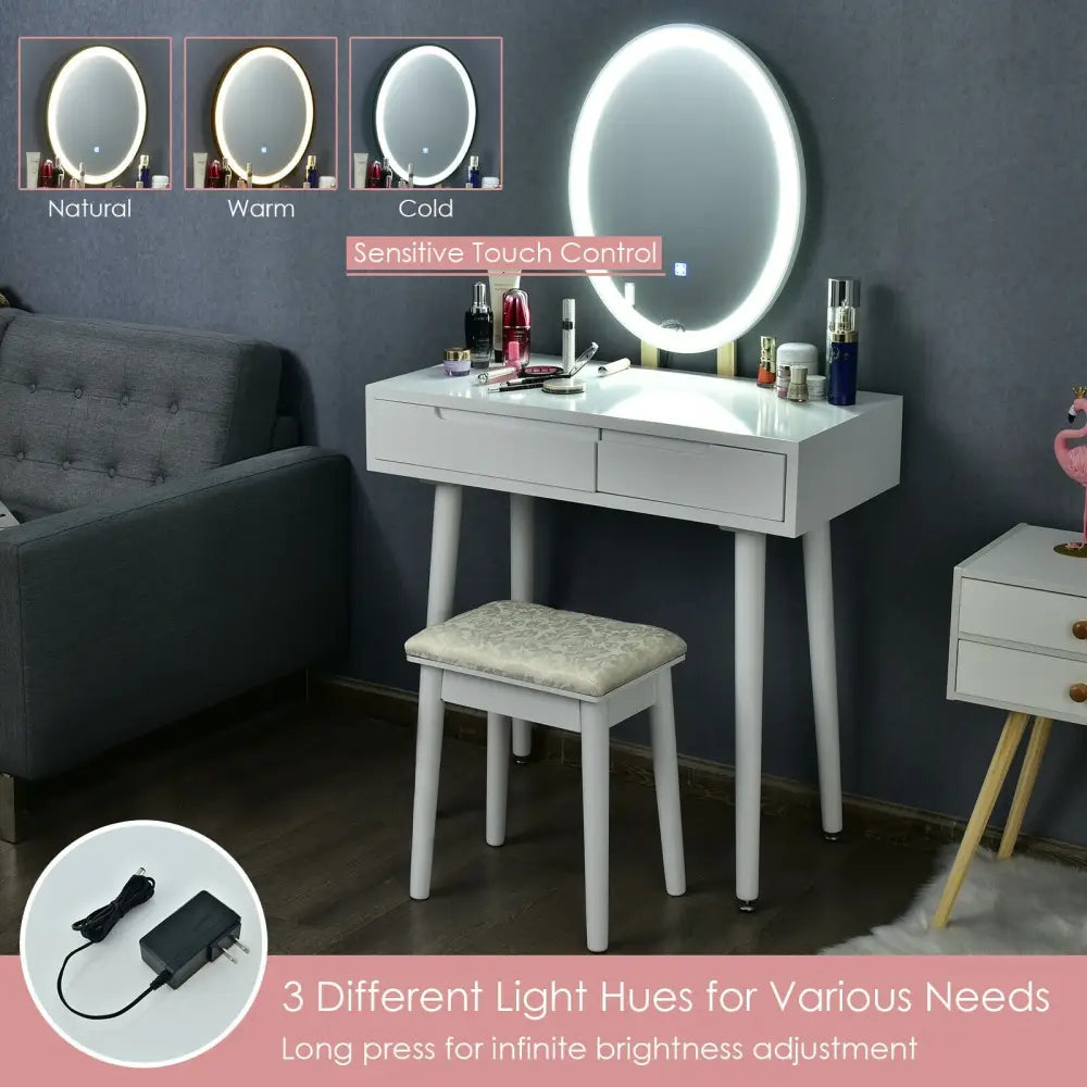 Touch Screen Vanity Makeup Table Stool Set-White - White - Makeup Vanities