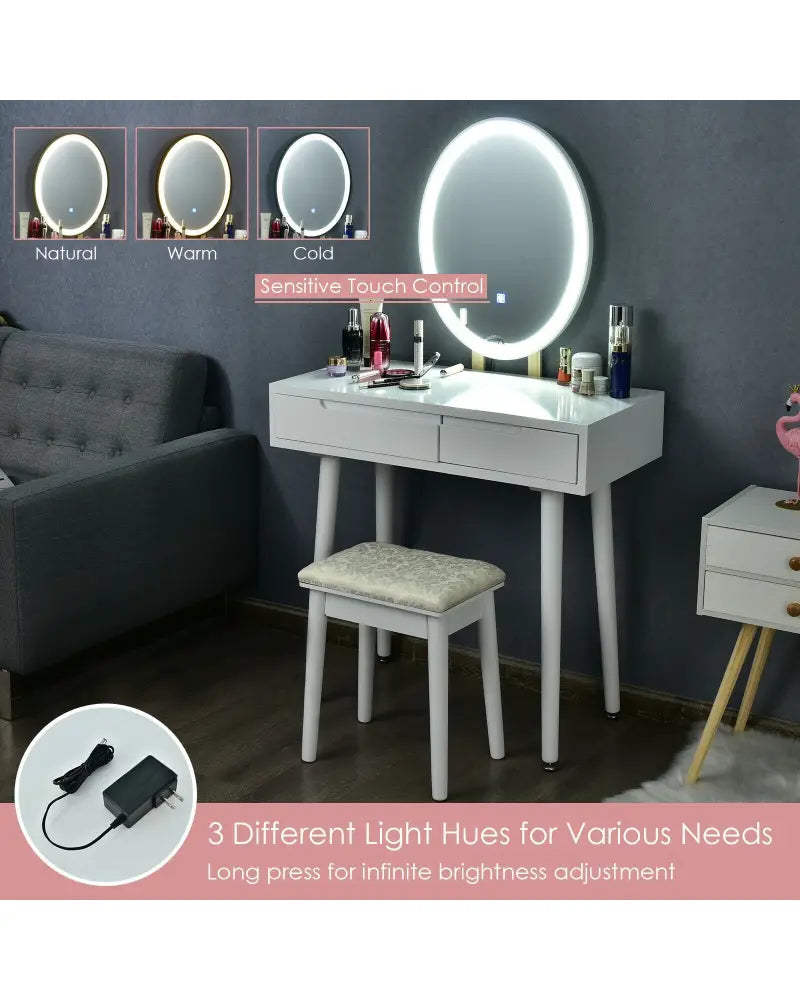 Touch Screen Vanity Makeup Table Stool Set-White - White - Makeup Vanities