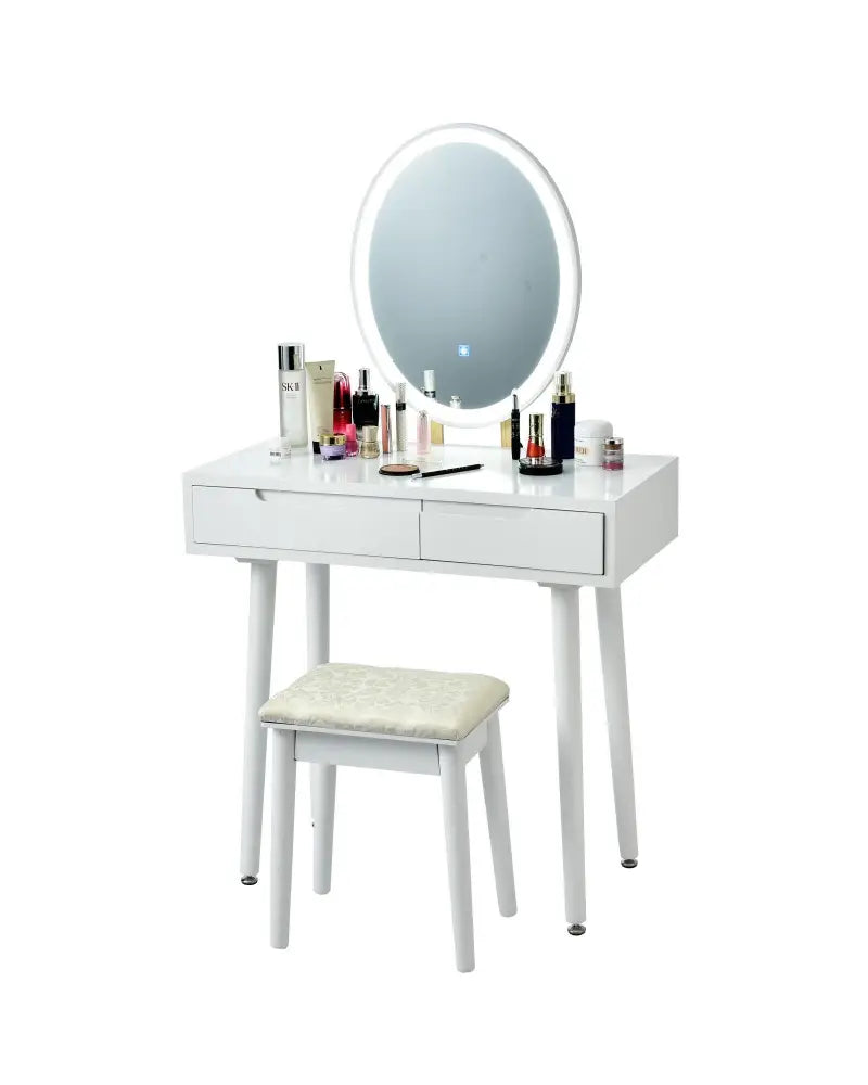 Touch Screen Vanity Makeup Table Stool Set-White - White - Makeup Vanities