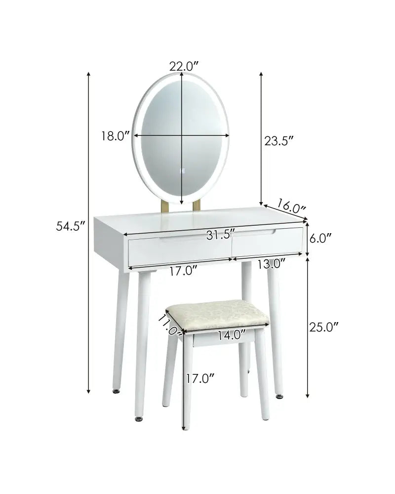 Touch Screen Vanity Makeup Table Stool Set-White - White - Makeup Vanities