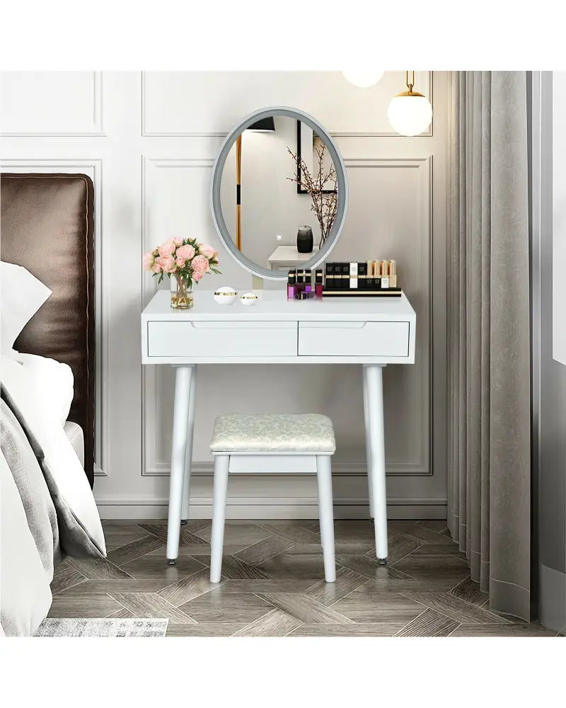 Touch Screen Vanity Makeup Table Stool Set-White - White - Makeup Vanities