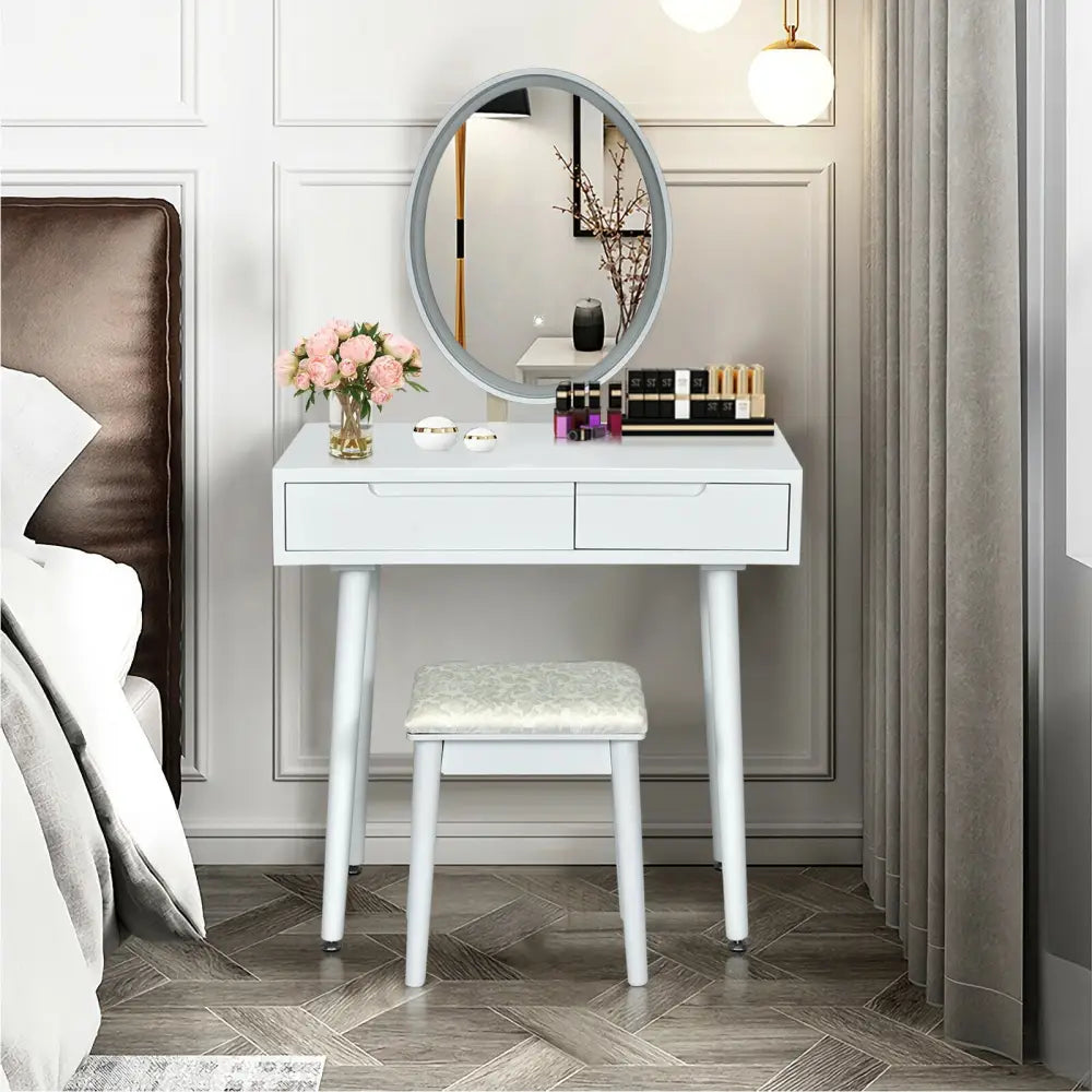 Touch Screen Vanity Makeup Table Stool Set-White - White - Makeup Vanities