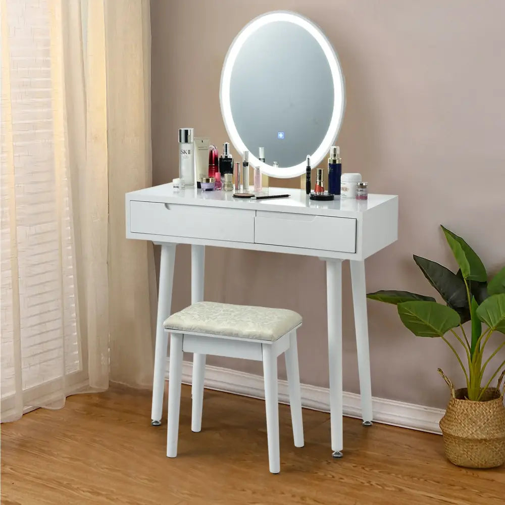 Touch Screen Vanity Makeup Table Stool Set-White - White - Makeup Vanities