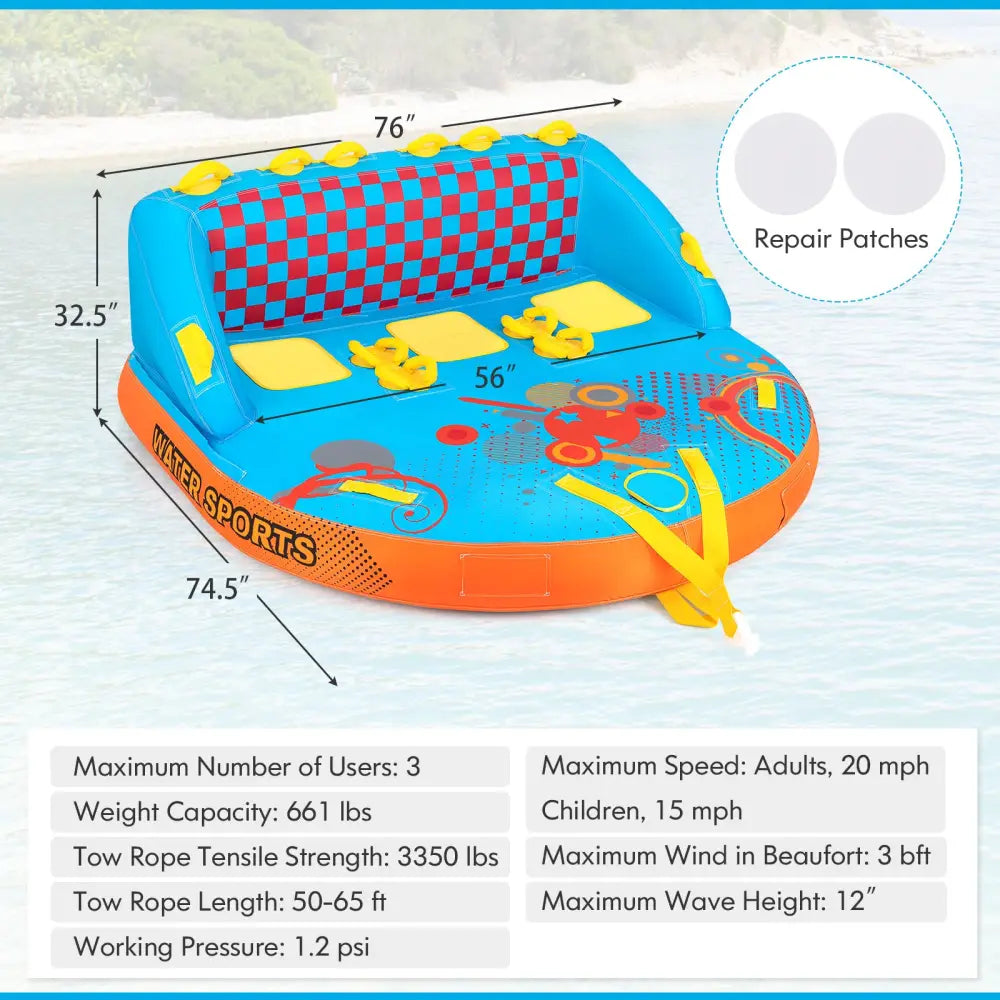 Towable Tube for Boating 3 Riders Water Sport Towables Sofa Pull Tube with Nylon Cover - Blue - Water Sports
