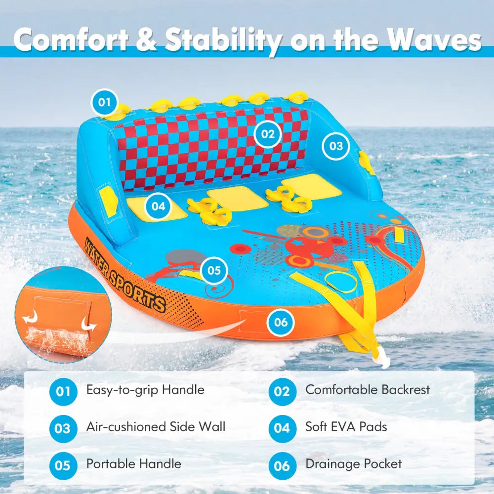 Towable Tube for Boating 3 Riders Water Sport Towables Sofa Pull Tube with Nylon Cover - Blue - Water Sports