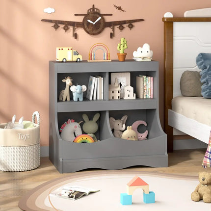 Toy Storage Organizer 4-Cubby Kids Bookcase for Toys and Books-Gray - Gray - Kids Storage