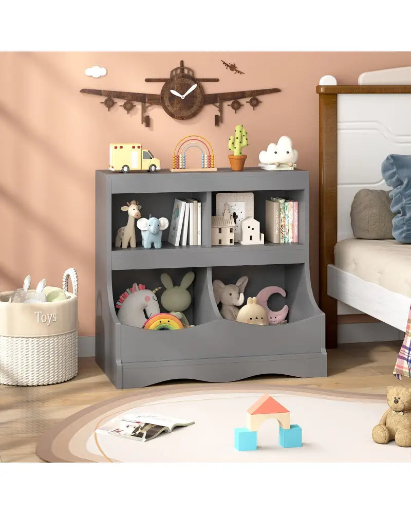 Toy Storage Organizer 4-Cubby Kids Bookcase for Toys and Books-Gray - Gray - Kids Storage