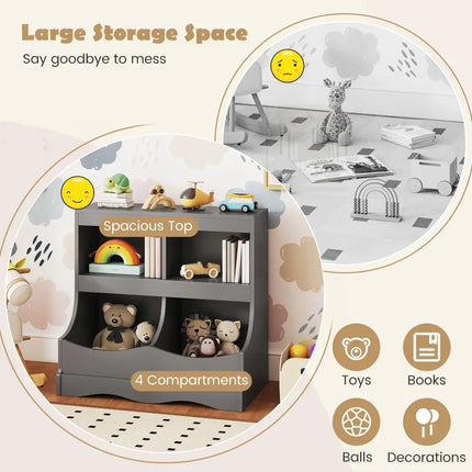 Toy Storage Organizer 4-Cubby Kids Bookcase for Toys and Books-Gray - Gray - Kids Storage