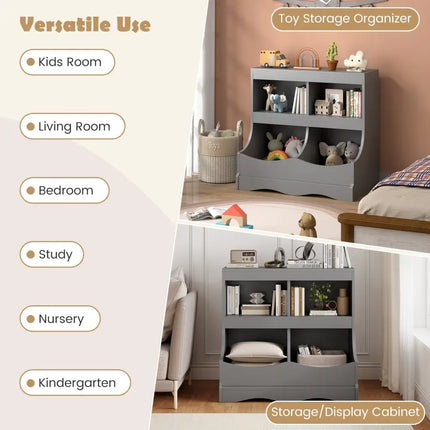Toy Storage Organizer 4-Cubby Kids Bookcase for Toys and Books-Gray - Gray - Kids Storage