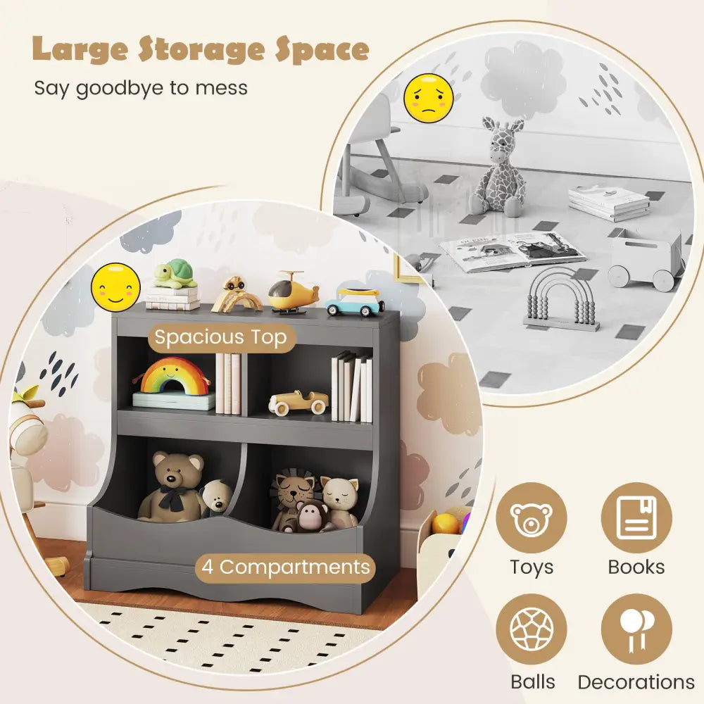 Toy Storage Organizer 4-Cubby Kids Bookcase for Toys and Books-Gray - Gray - Kids Storage