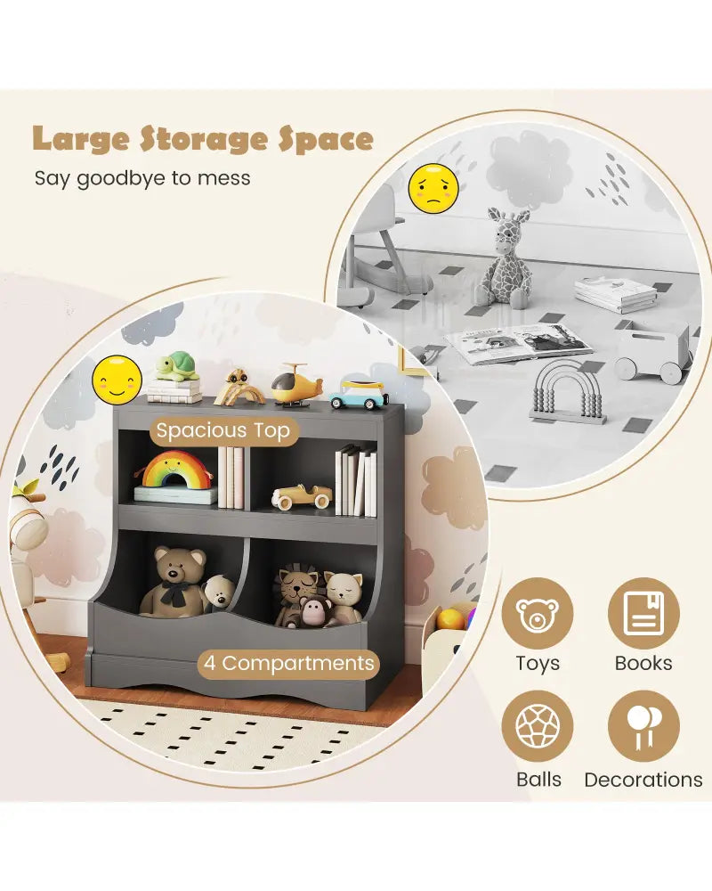 Toy Storage Organizer 4-Cubby Kids Bookcase for Toys and Books-Gray - Gray - Kids Storage