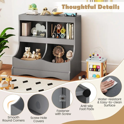 Toy Storage Organizer 4-Cubby Kids Bookcase for Toys and Books-Gray - Gray - Kids Storage