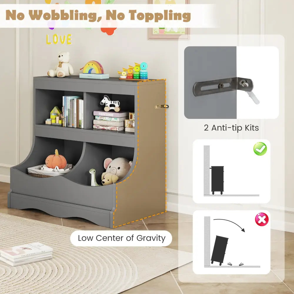 Toy Storage Organizer 4-Cubby Kids Bookcase for Toys and Books-Gray - Gray - Kids Storage