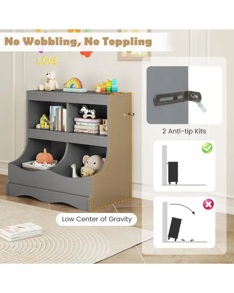 Toy Storage Organizer 4-Cubby Kids Bookcase for Toys and Books-Gray - Gray - Kids Storage