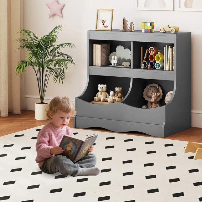 Toy Storage Organizer 4-Cubby Kids Bookcase for Toys and Books-Gray - Gray - Kids Storage