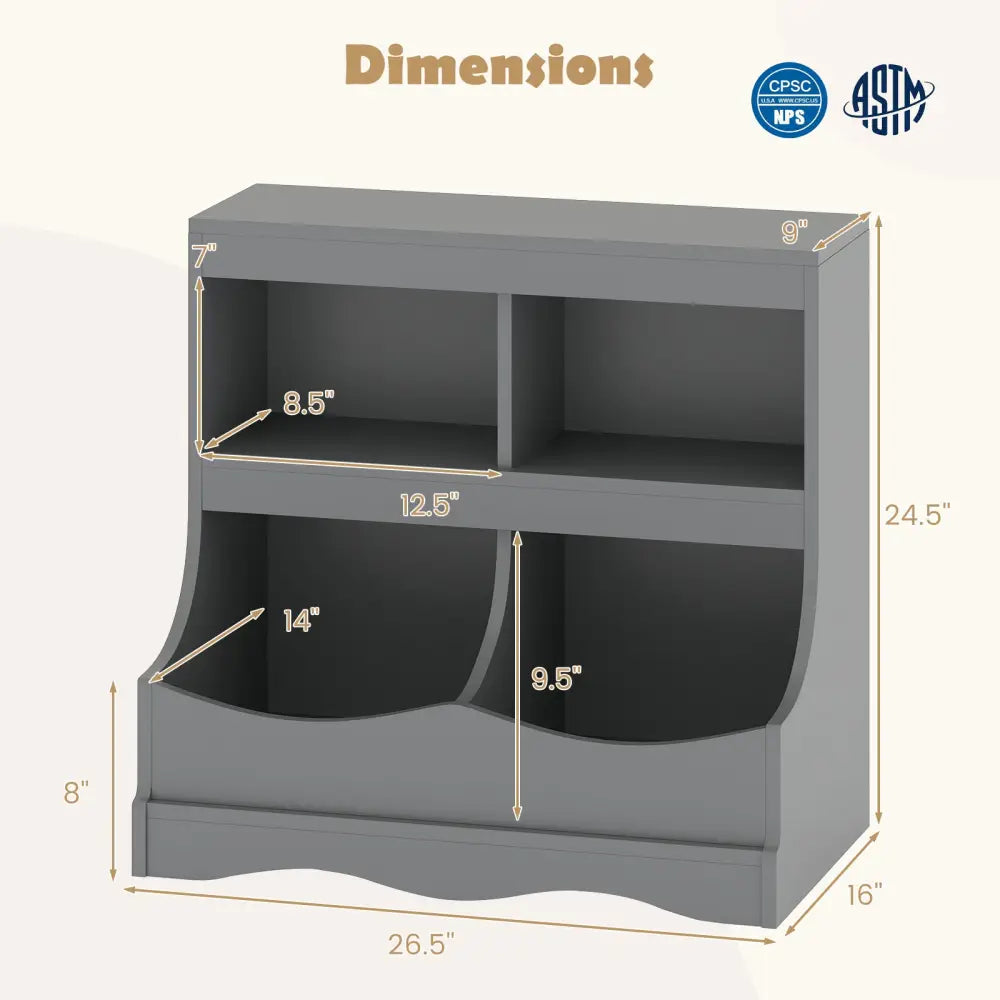 Toy Storage Organizer 4-Cubby Kids Bookcase for Toys and Books-Gray - Gray - Kids Storage
