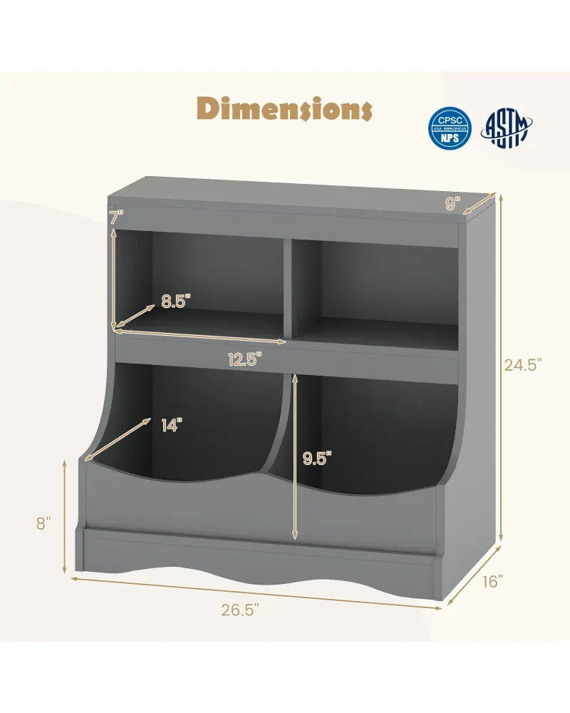 Toy Storage Organizer 4-Cubby Kids Bookcase for Toys and Books-Gray - Gray - Kids Storage