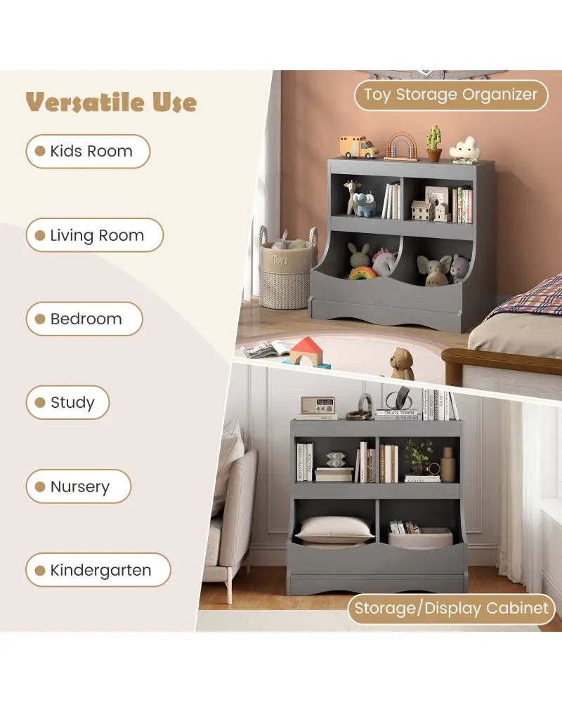 Toy Storage Organizer 4-Cubby Kids Bookcase for Toys and Books-Gray - Gray - Kids Storage