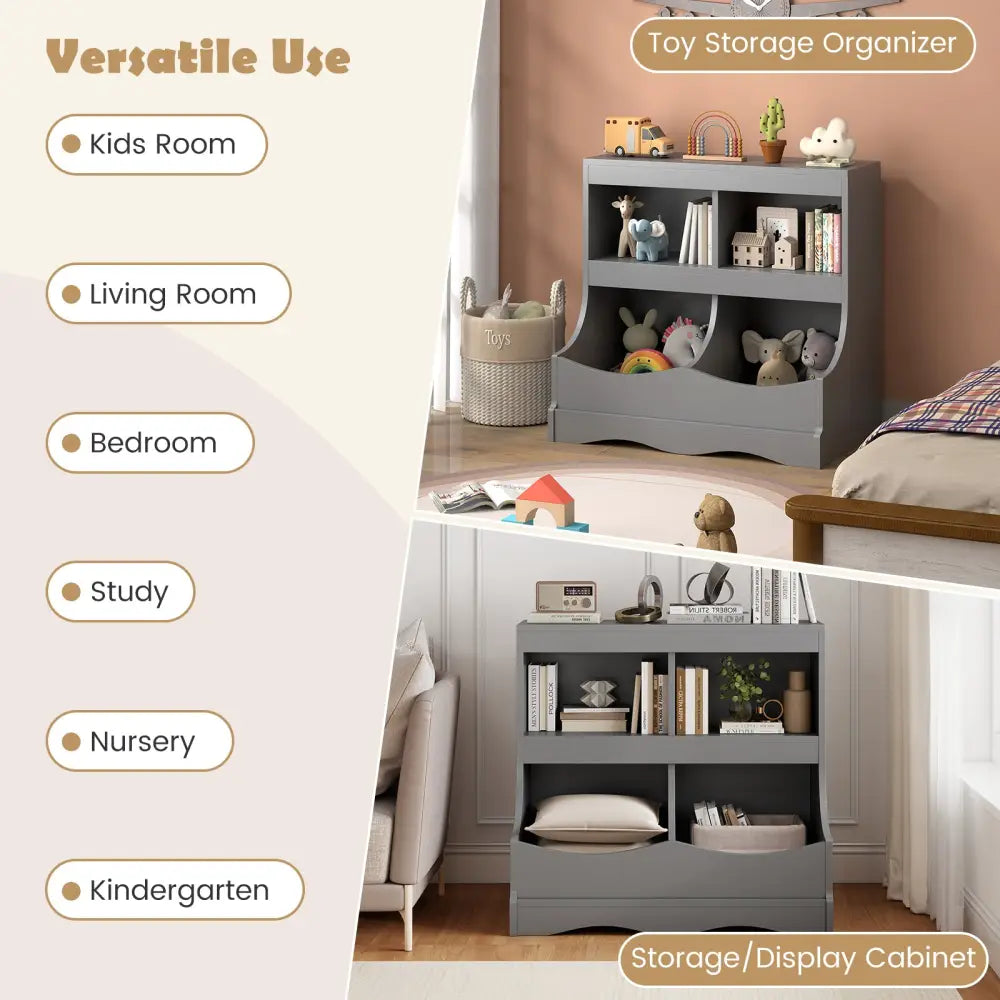 Toy Storage Organizer 4-Cubby Kids Bookcase for Toys and Books-Gray - Gray - Kids Storage