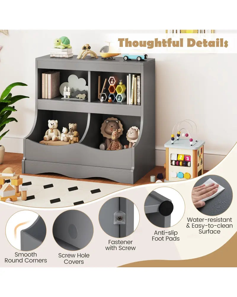 Toy Storage Organizer 4-Cubby Kids Bookcase for Toys and Books-Gray - Gray - Kids Storage