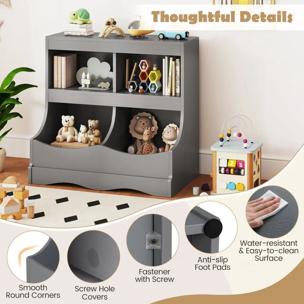 Toy Storage Organizer 4-Cubby Kids Bookcase for Toys and Books-Gray - Gray - Kids Storage
